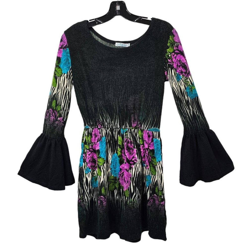 OB2-12 Tunic Mini Dress Womens S Flounce Sleeve Floral Black Gray Zebra Stripe